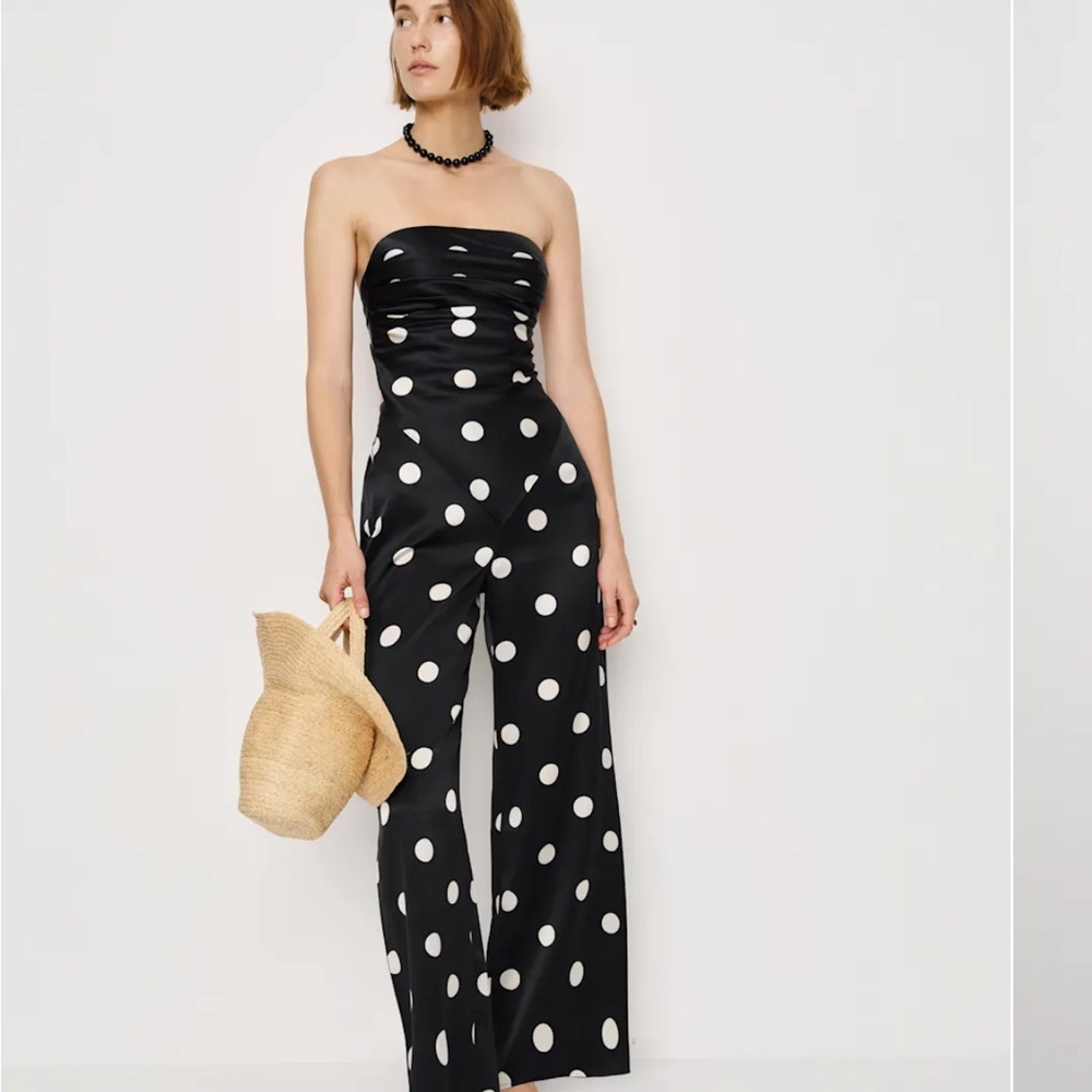 Reformation Black and White Polka Dot Strapless Jumpsuit